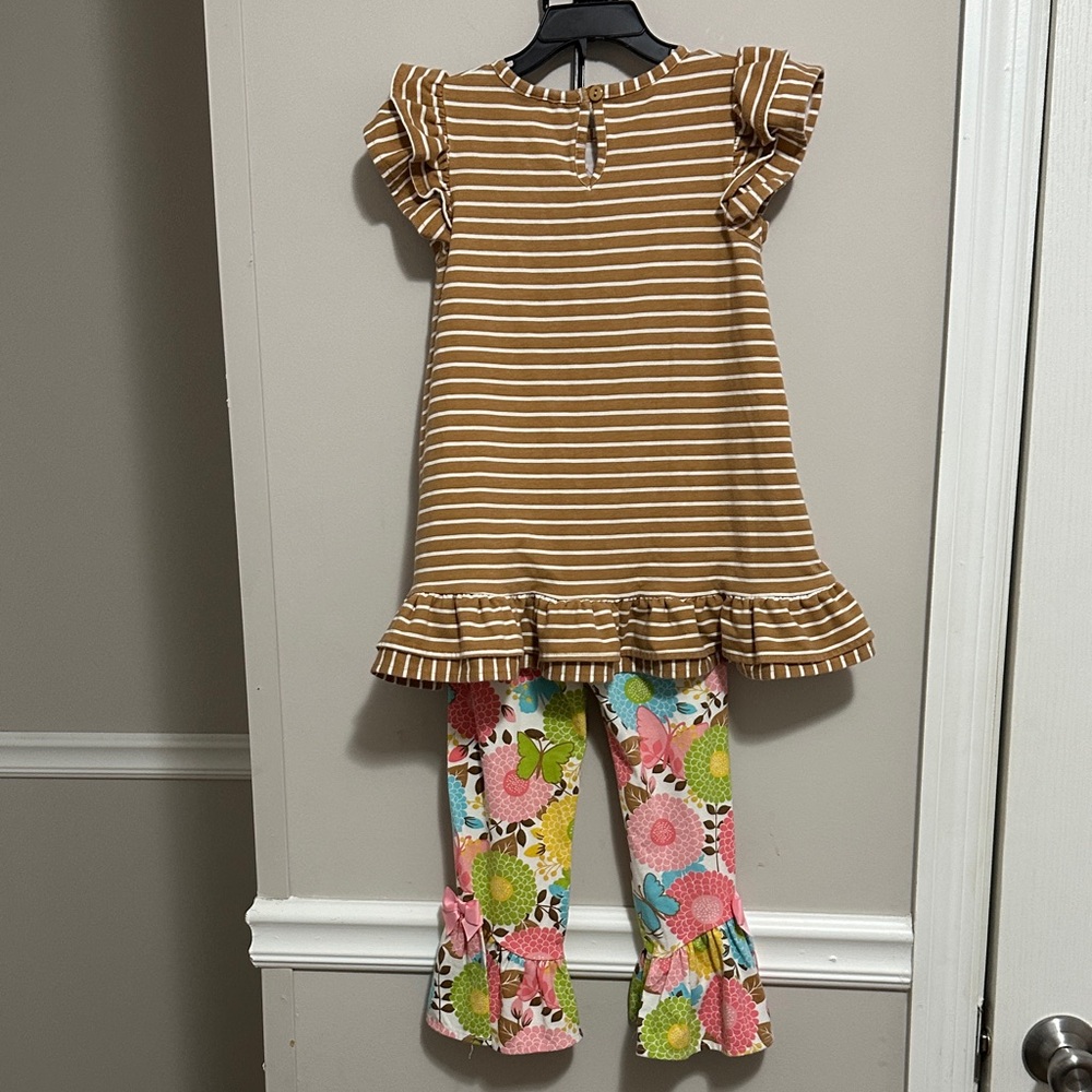 NWOT Brown Striped Dress w/ Floral Pants Set & stunning 🎀 details & ruffles 5yo - Picture 2 of 14